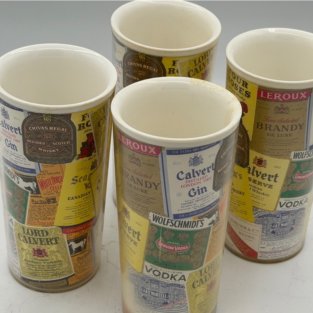 Vintage 1960s Poly Temp Liquor Label Insulated Tumblers MCM Barware Set of 4
